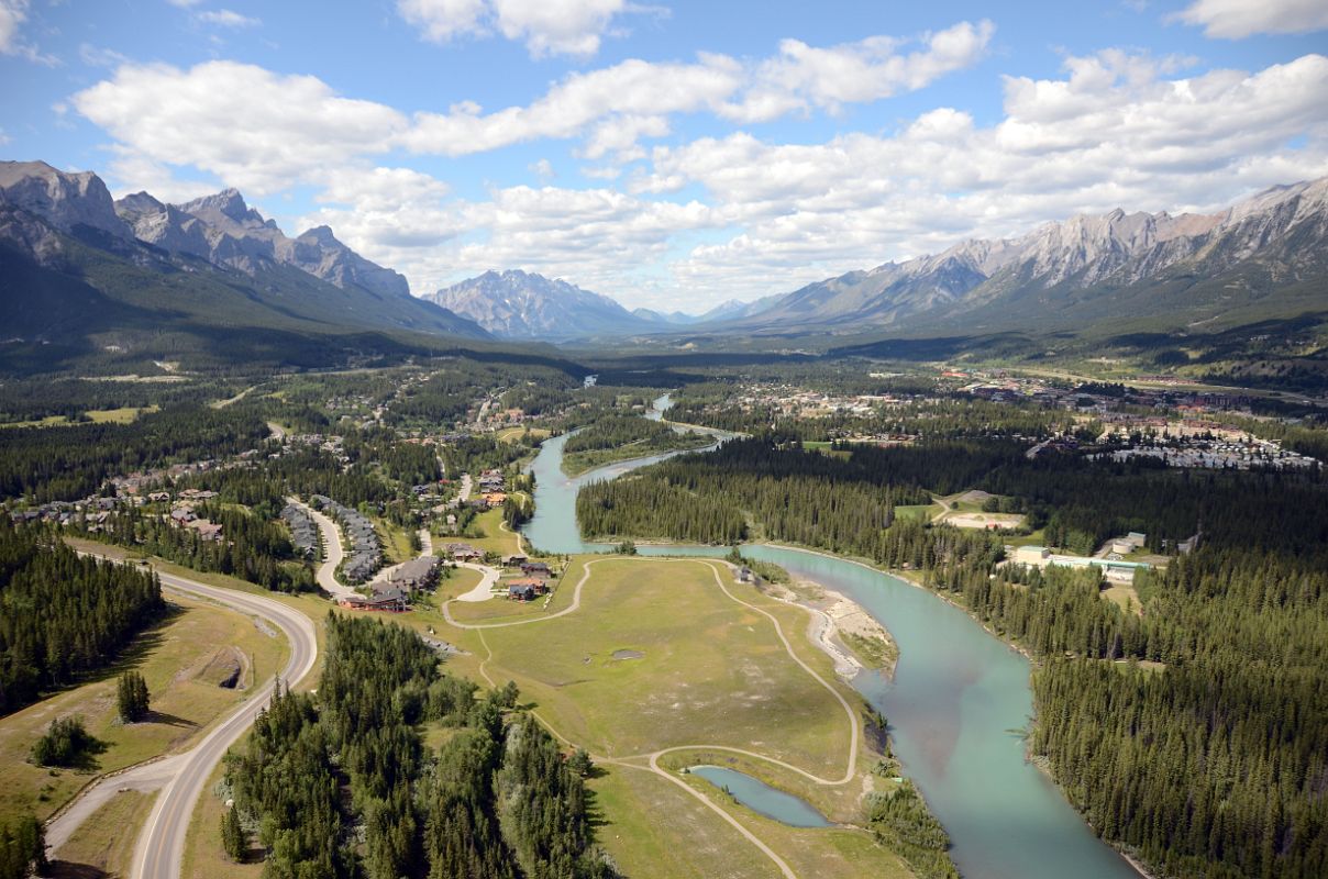 26 Canmore From Helicopter in Summer With Mount Rundle And Cascade Mountain On Left